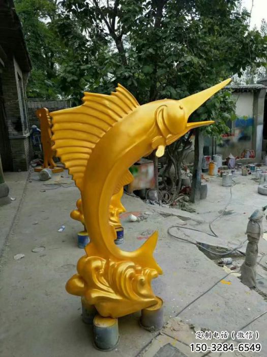 劍魚雕塑廠家，仿真玻璃鋼劍魚雕塑，創意動物擺件
