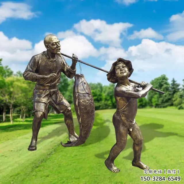 創意漁民雕塑 玻璃鋼民俗雕塑 公園捕魚雕塑