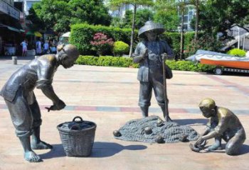 制作噴漆漁民雕塑 中式村口民俗雕塑 草地捕魚雕塑