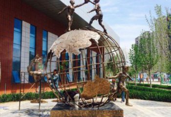 濟寧地球儀雕塑選定，拉絲工藝，地球儀人物雕塑預定