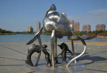 衢州蓮蓬嬉戲雕塑，城市植物景觀雕塑，不銹鋼鏡面效果